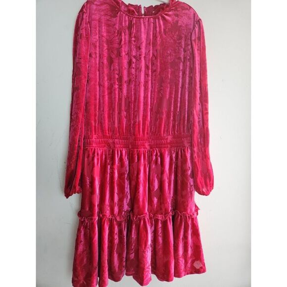 Eloquii Pink Magent Burnout Floral Velvet Ruffle Neck A-Line Smocked Dress sz 20 - Picture 3 of 13